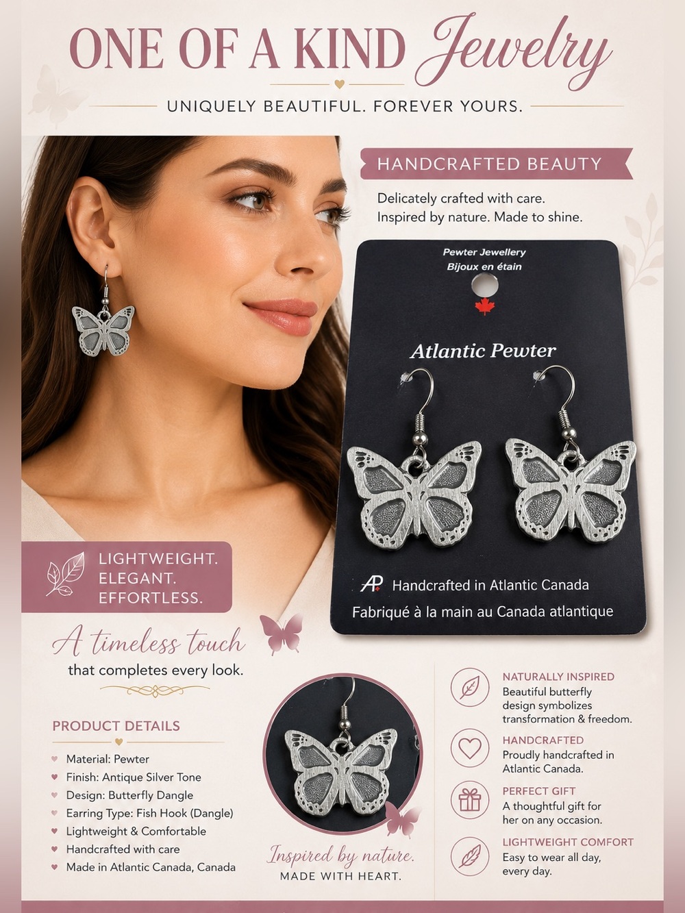 Atlantic Pewter Butterfly Dangle Earrings - Silver Tone